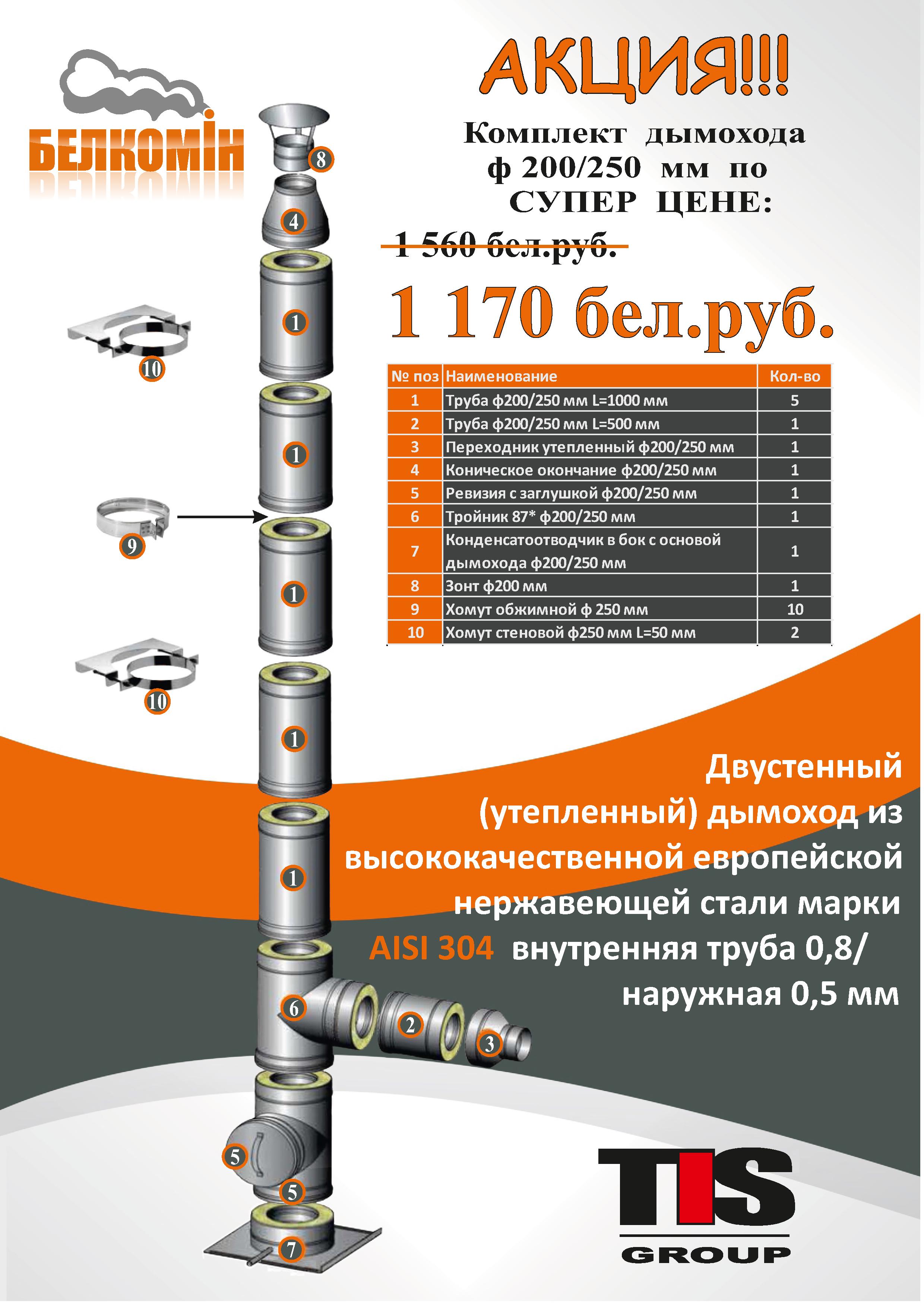 Комплект дымохода TIS ф200/250 AISI 304